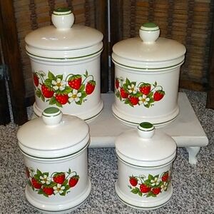 Vintage Set Of 4 SEARS ROEBUCK Strawberry Fields Ceramic Cannister Set